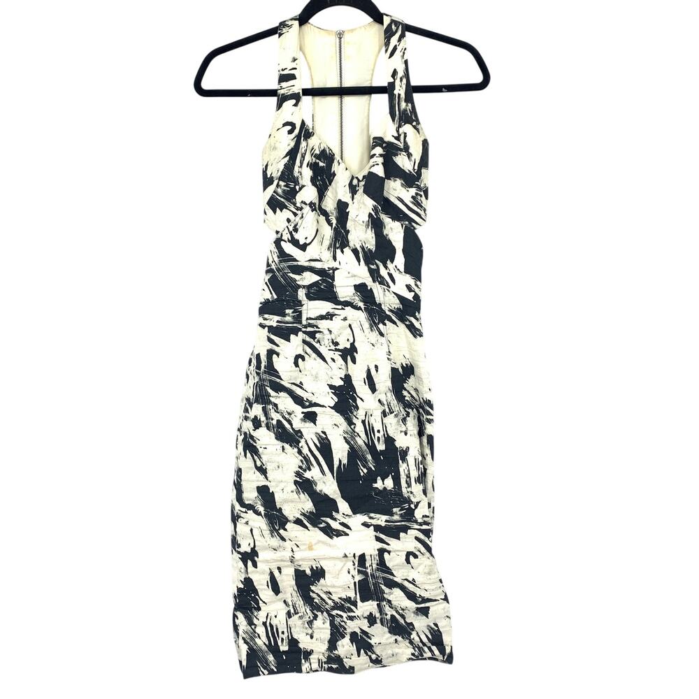 Nicole Miller Artelier V-Neck Halter Neck Bodycon Dress Womens Sz 0 Black White